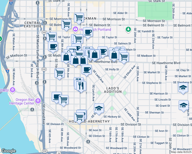 map of restaurants, bars, coffee shops, grocery stores, and more near 1727 Southeast Ladd Avenue in Portland
