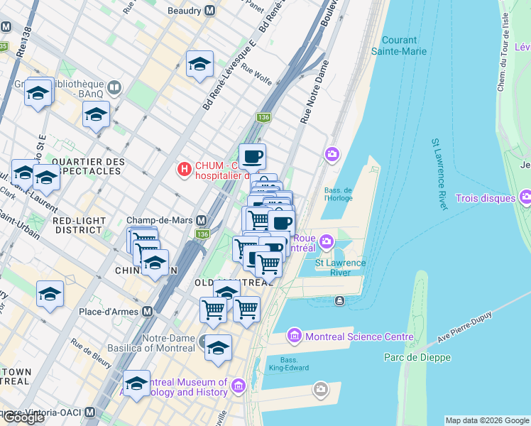 map of restaurants, bars, coffee shops, grocery stores, and more near 405 Rue Notre-Dame Est in Montréal