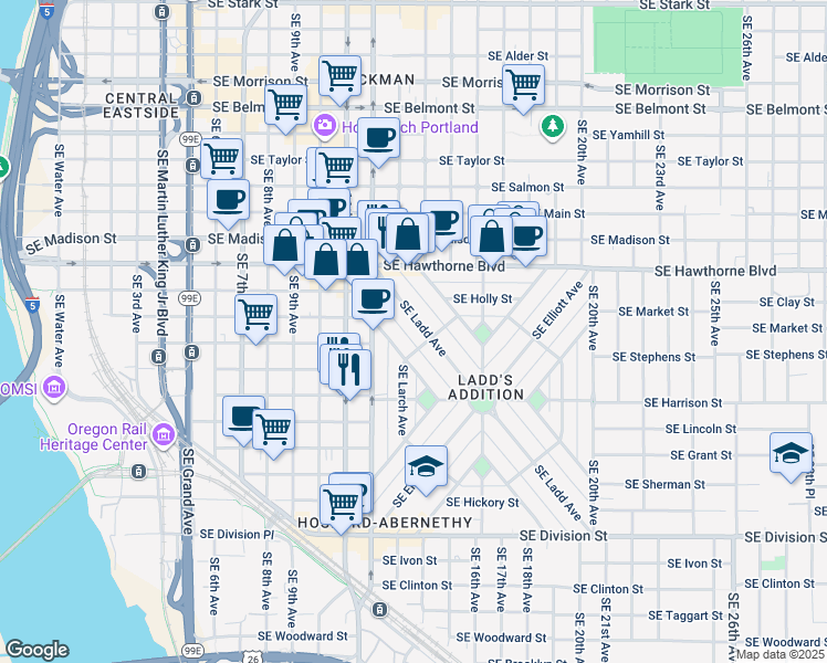map of restaurants, bars, coffee shops, grocery stores, and more near 1727 Southeast Ladd Avenue in Portland