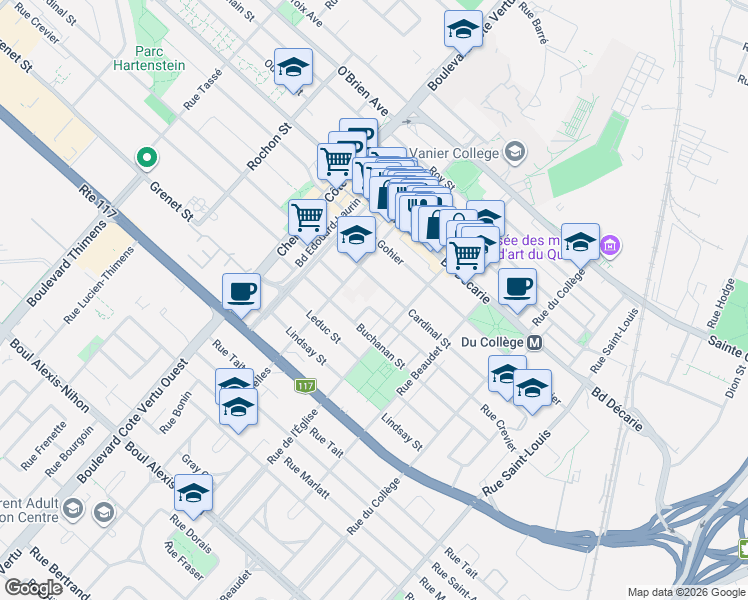 map of restaurants, bars, coffee shops, grocery stores, and more near 839 Rue Crevier in Montréal