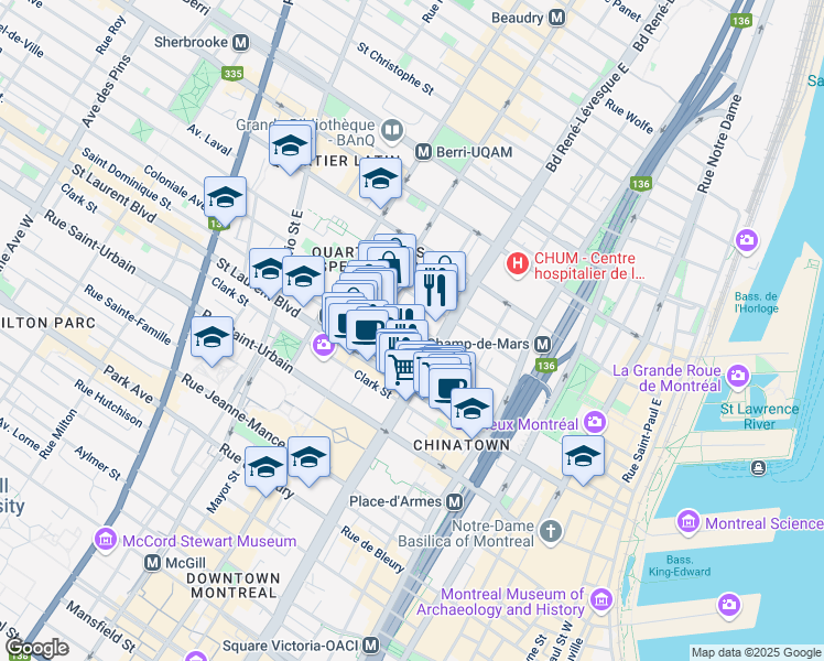 map of restaurants, bars, coffee shops, grocery stores, and more near 98 Charlotte Street in Montreal