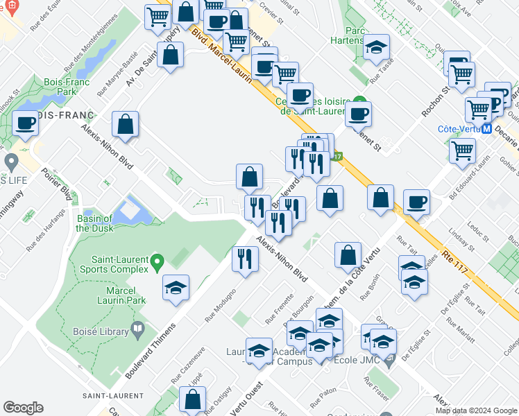 map of restaurants, bars, coffee shops, grocery stores, and more near 2189 Boulevard Thimens in Montreal