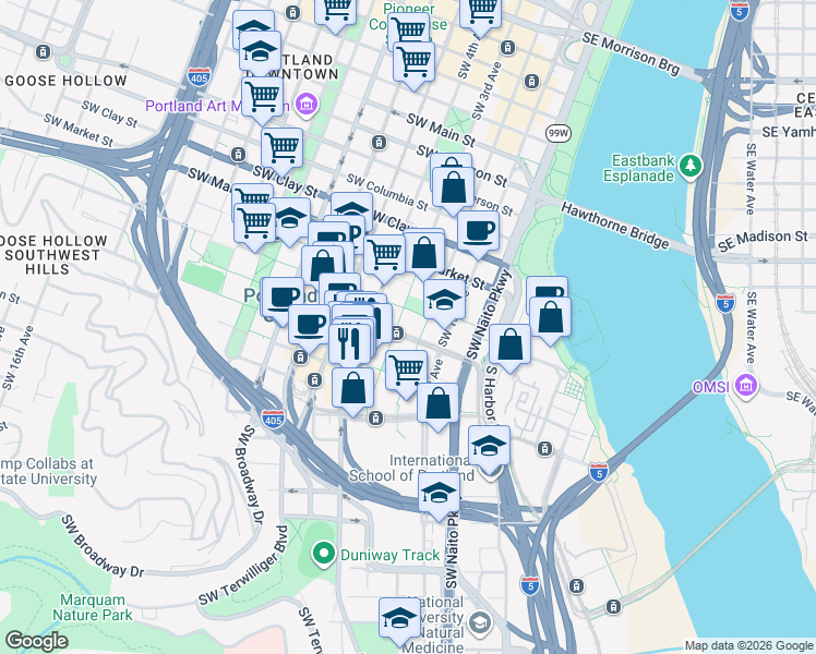 map of restaurants, bars, coffee shops, grocery stores, and more near in Portland