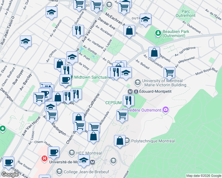 map of restaurants, bars, coffee shops, grocery stores, and more near 23 Avenue Glencoe in Montréal