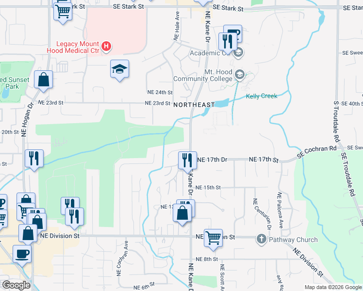 map of restaurants, bars, coffee shops, grocery stores, and more near 3080 Northeast 18th Court in Gresham