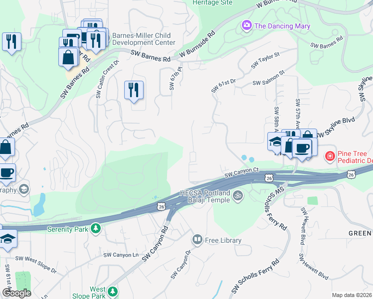 map of restaurants, bars, coffee shops, grocery stores, and more near 1335 Southwest 66th Avenue in Portland