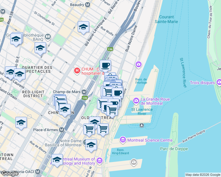 map of restaurants, bars, coffee shops, grocery stores, and more near 405 Rue Notre-Dame Est in Montréal