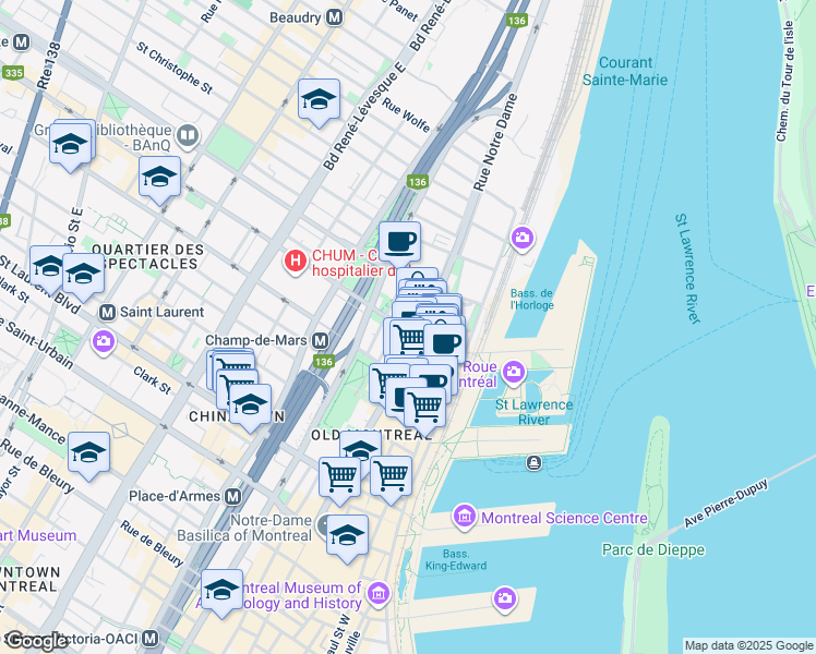 map of restaurants, bars, coffee shops, grocery stores, and more near 525 Rue Bonsecours in Montréal