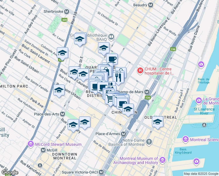 map of restaurants, bars, coffee shops, grocery stores, and more near 109 Rue Charlotte in Montréal