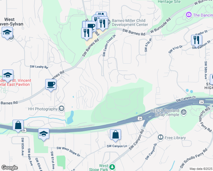 map of restaurants, bars, coffee shops, grocery stores, and more near 1251 Southwest Catlin Crest Drive in Portland