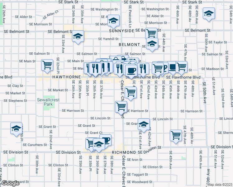 map of restaurants, bars, coffee shops, grocery stores, and more near 1720 Southeast 38th Avenue in Portland