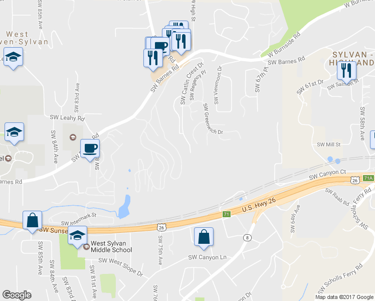 map of restaurants, bars, coffee shops, grocery stores, and more near 1251 Southwest Catlin Crest Drive in Portland