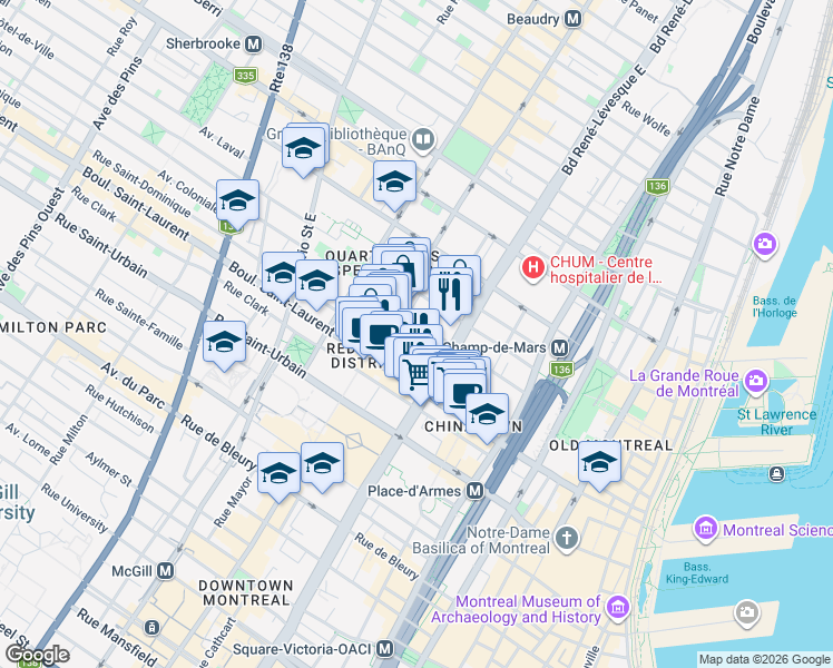 map of restaurants, bars, coffee shops, grocery stores, and more near in Montreal