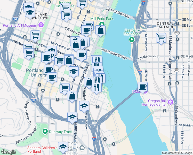 map of restaurants, bars, coffee shops, grocery stores, and more near 1750 South Harbor Drive in Portland