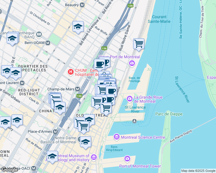 map of restaurants, bars, coffee shops, grocery stores, and more near 418 Rue Notre Dame Est in Montréal