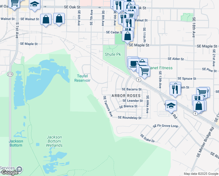 map of restaurants, bars, coffee shops, grocery stores, and more near 971 Southeast Tamango Street in Hillsboro