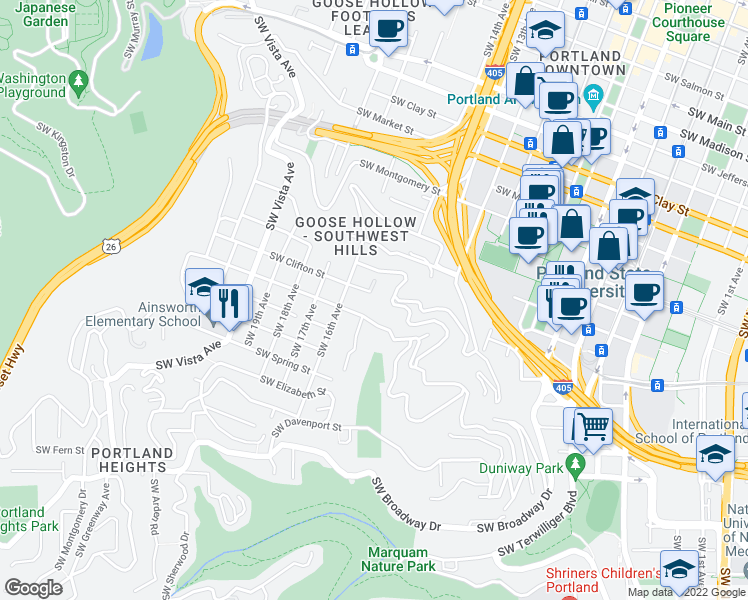 map of restaurants, bars, coffee shops, grocery stores, and more near 1490 Southwest Clifton Street in Portland