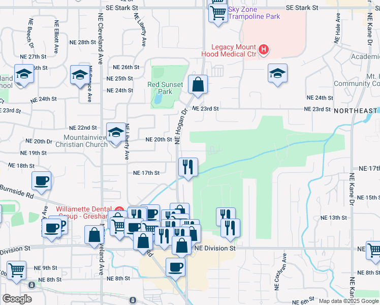 map of restaurants, bars, coffee shops, grocery stores, and more near 1798 Northeast 19th Street in Gresham