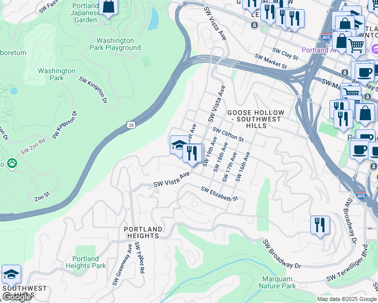 map of restaurants, bars, coffee shops, grocery stores, and more near 2040 Southwest Laurel Street in Portland
