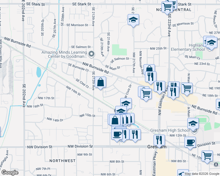 map of restaurants, bars, coffee shops, grocery stores, and more near 844 Northwest Council Drive in Gresham