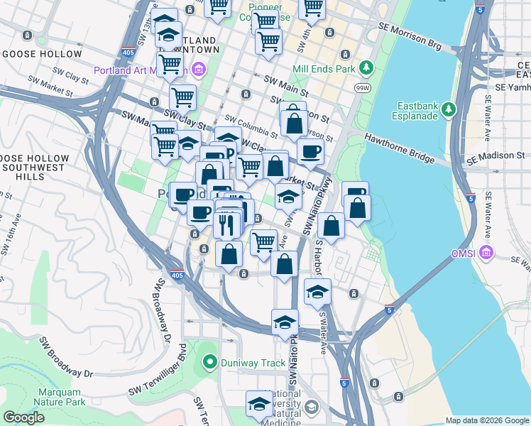 map of restaurants, bars, coffee shops, grocery stores, and more near in Portland