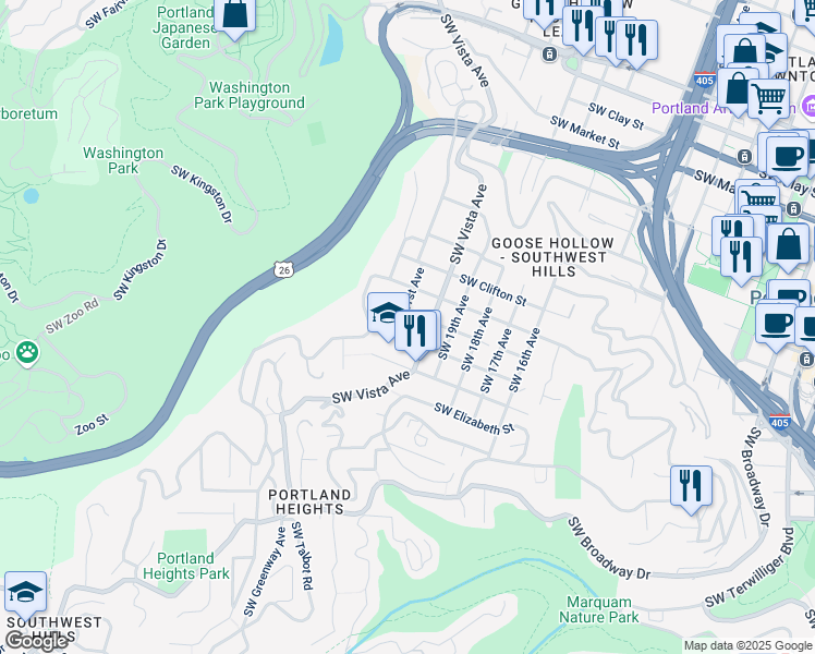 map of restaurants, bars, coffee shops, grocery stores, and more near 2425 Southwest Vista Avenue in Portland