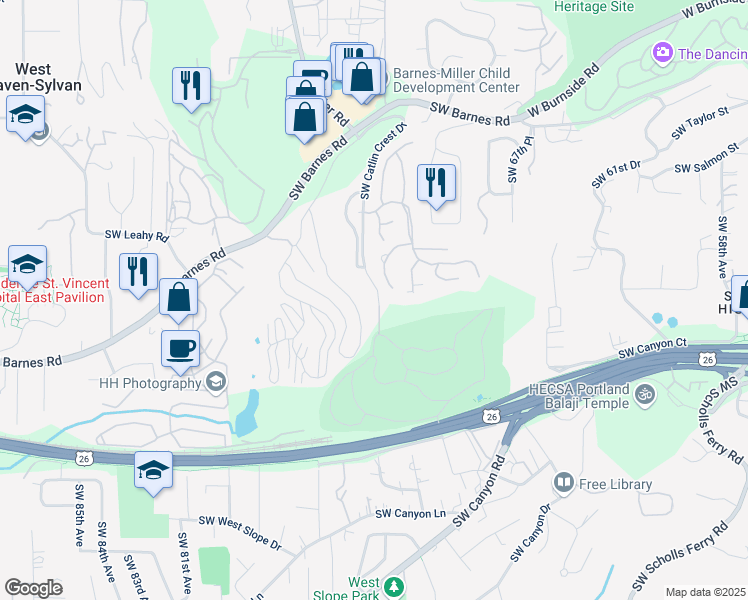 map of restaurants, bars, coffee shops, grocery stores, and more near 1251 Southwest Catlin Crest Drive in Portland