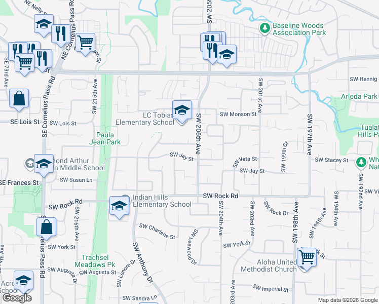 map of restaurants, bars, coffee shops, grocery stores, and more near 20620 Southwest Jay Street in Beaverton