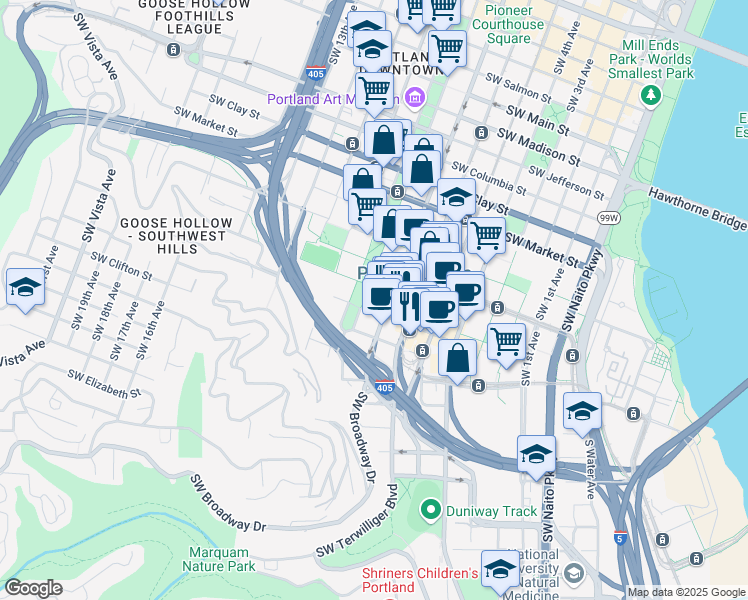 map of restaurants, bars, coffee shops, grocery stores, and more near 1914 Southwest Park Avenue in Portland