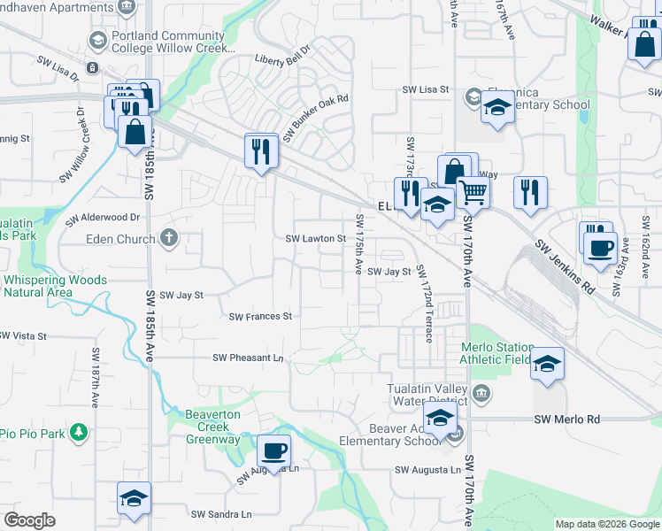map of restaurants, bars, coffee shops, grocery stores, and more near 17645 Southwest Jay Street in Beaverton
