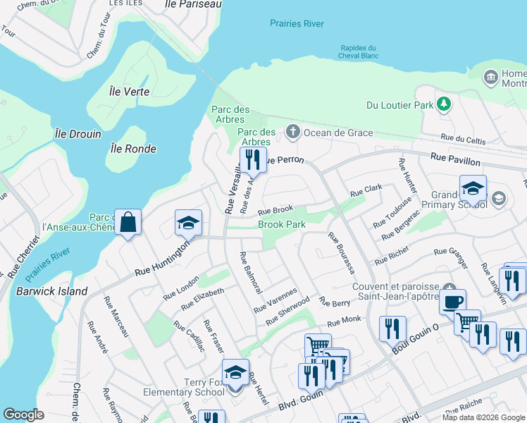 map of restaurants, bars, coffee shops, grocery stores, and more near 12809 Rue Brook in Montréal