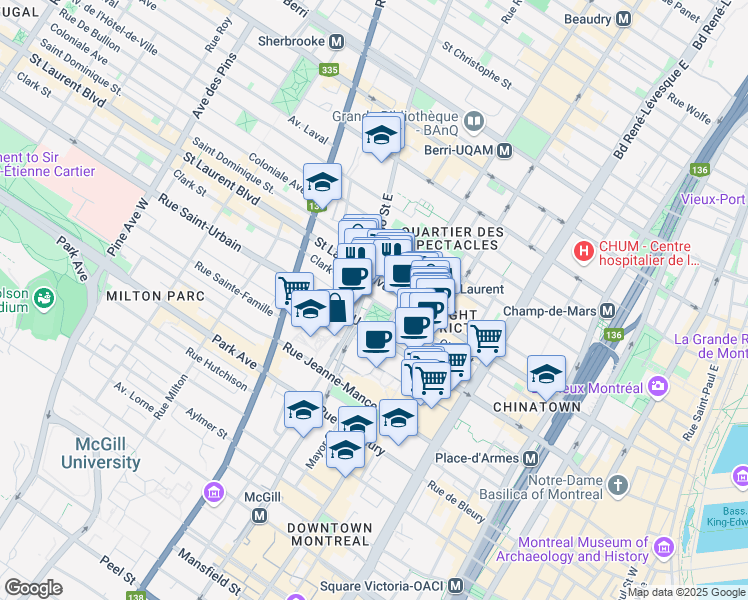 map of restaurants, bars, coffee shops, grocery stores, and more near 1 Maisonneuve Boulevard West in Montreal