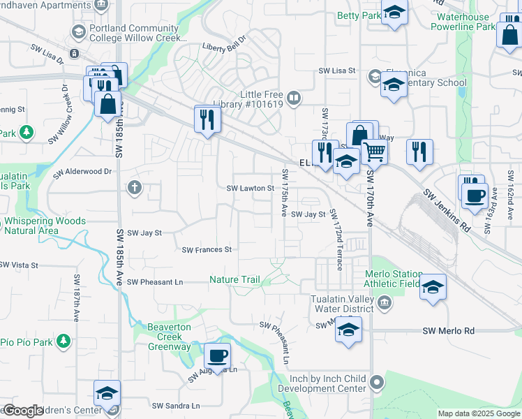 map of restaurants, bars, coffee shops, grocery stores, and more near 17686 Southwest Jay Street in Beaverton