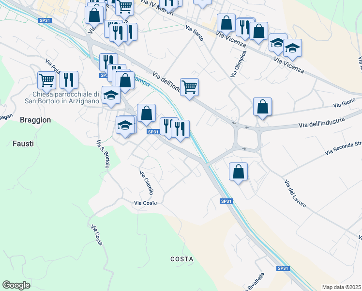 map of restaurants, bars, coffee shops, grocery stores, and more near 36 Via Montorso in Arzignano