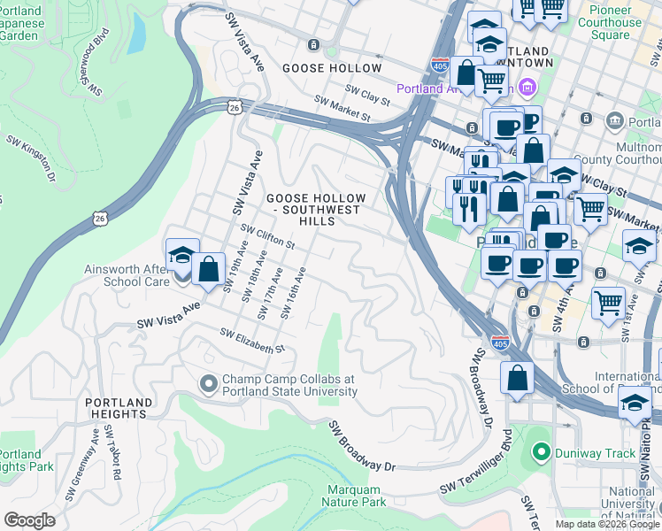 map of restaurants, bars, coffee shops, grocery stores, and more near 1490 Southwest Clifton Street in Portland