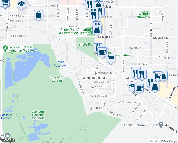 map of restaurants, bars, coffee shops, grocery stores, and more near 998 Southeast Portlandia Avenue in Hillsboro