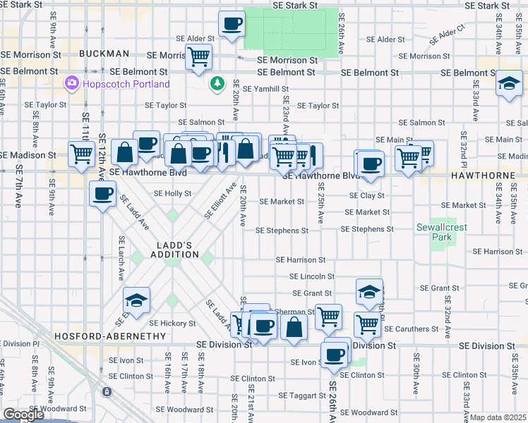 map of restaurants, bars, coffee shops, grocery stores, and more near 1825 Southeast 21st Avenue in Portland