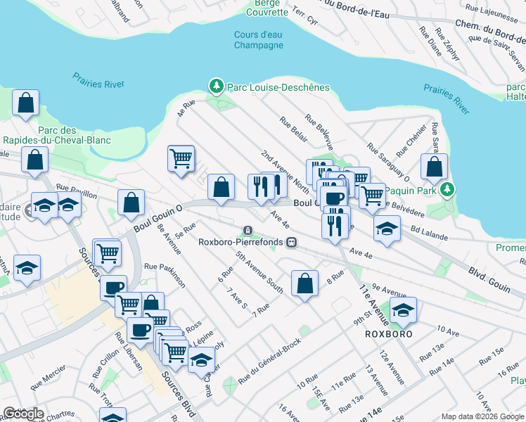 map of restaurants, bars, coffee shops, grocery stores, and more near 10500 Boulevard Gouin Ouest in Montréal