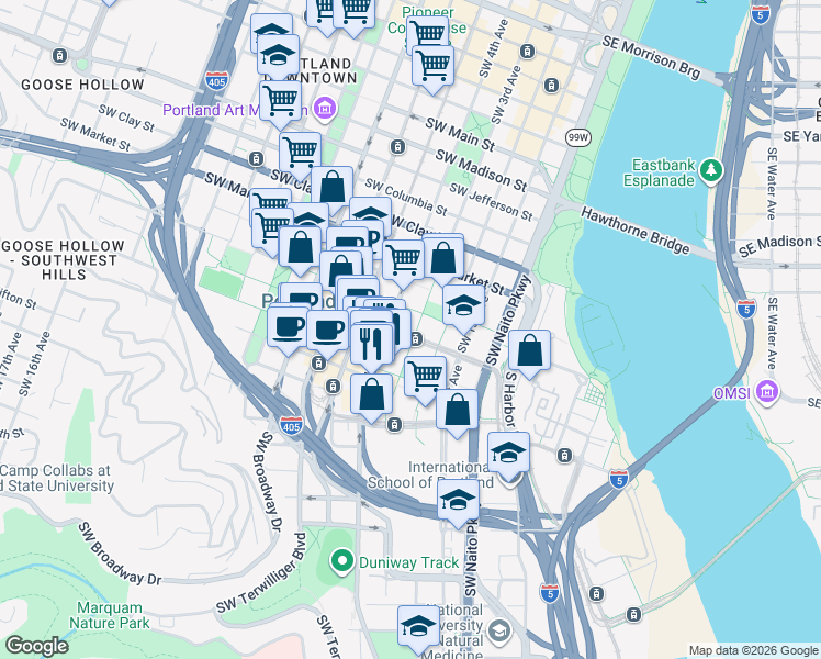 map of restaurants, bars, coffee shops, grocery stores, and more near 1818 Southwest 4th Avenue in Portland