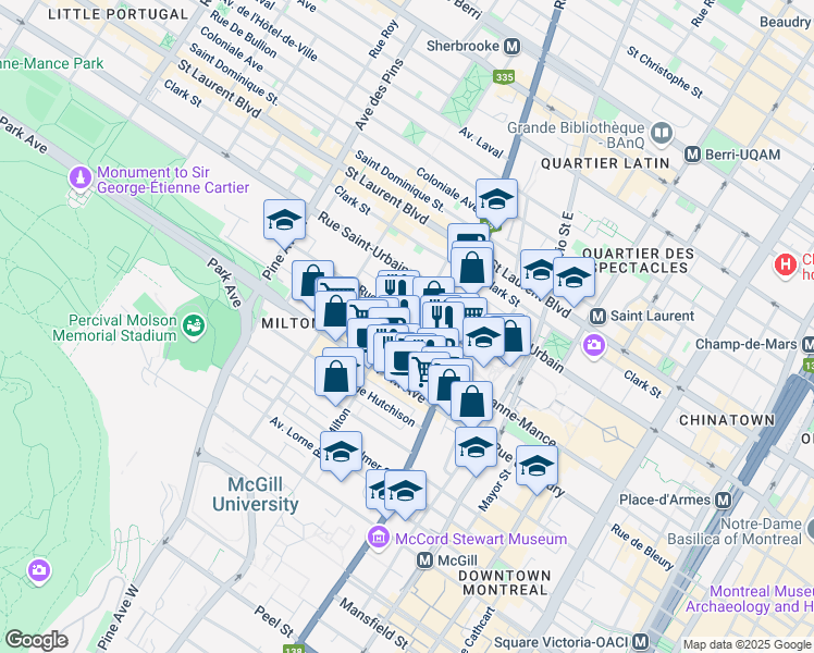 map of restaurants, bars, coffee shops, grocery stores, and more near 3488 Rue Sainte Famille in Montréal