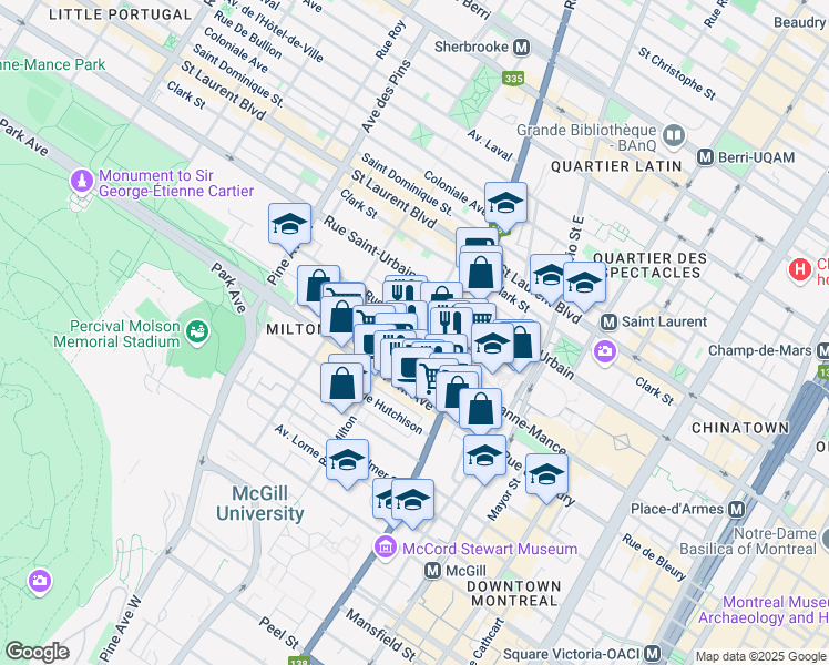 map of restaurants, bars, coffee shops, grocery stores, and more near 3480 Rue Sainte Famille in Montréal