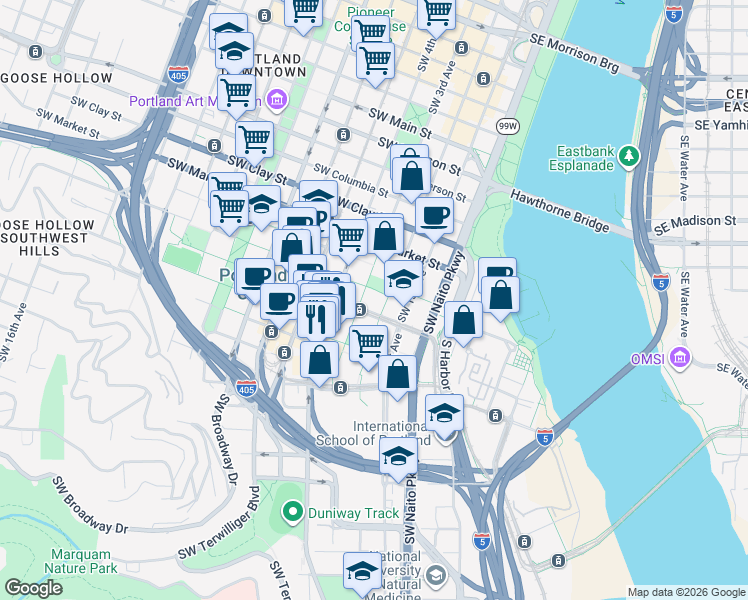 map of restaurants, bars, coffee shops, grocery stores, and more near 255 Southwest Harrison Street in Portland