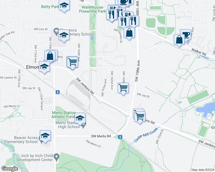 map of restaurants, bars, coffee shops, grocery stores, and more near 16270 Southwest Gage Lane in Beaverton
