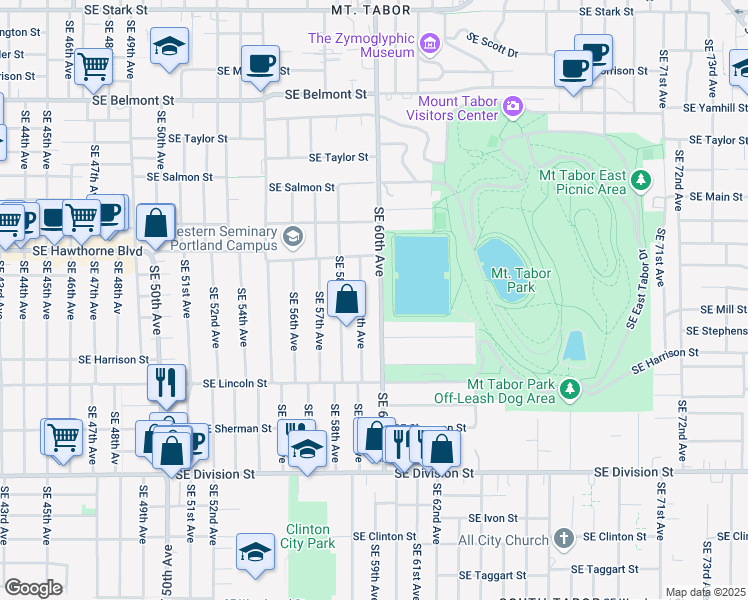 map of restaurants, bars, coffee shops, grocery stores, and more near 1707 Southeast 60th Avenue in Portland