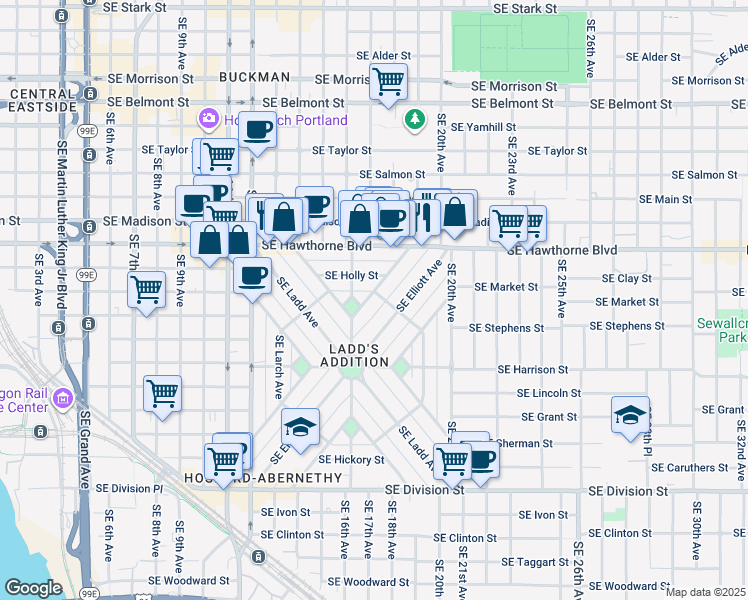 map of restaurants, bars, coffee shops, grocery stores, and more near 1710 Southeast Poplar Avenue in Portland