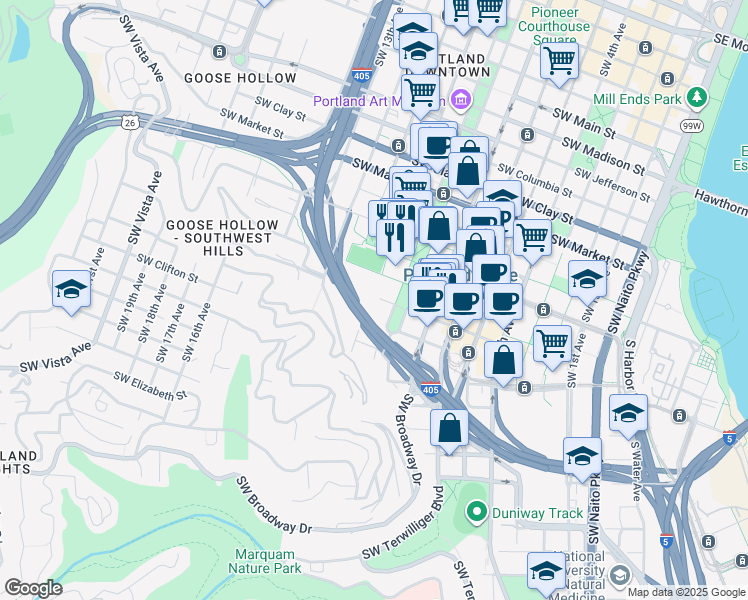map of restaurants, bars, coffee shops, grocery stores, and more near 950 Southwest College Street in Portland