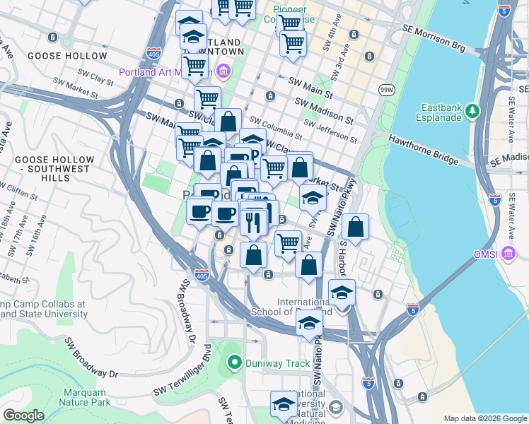map of restaurants, bars, coffee shops, grocery stores, and more near SW 4th Ave & SW Harrison St in Portland