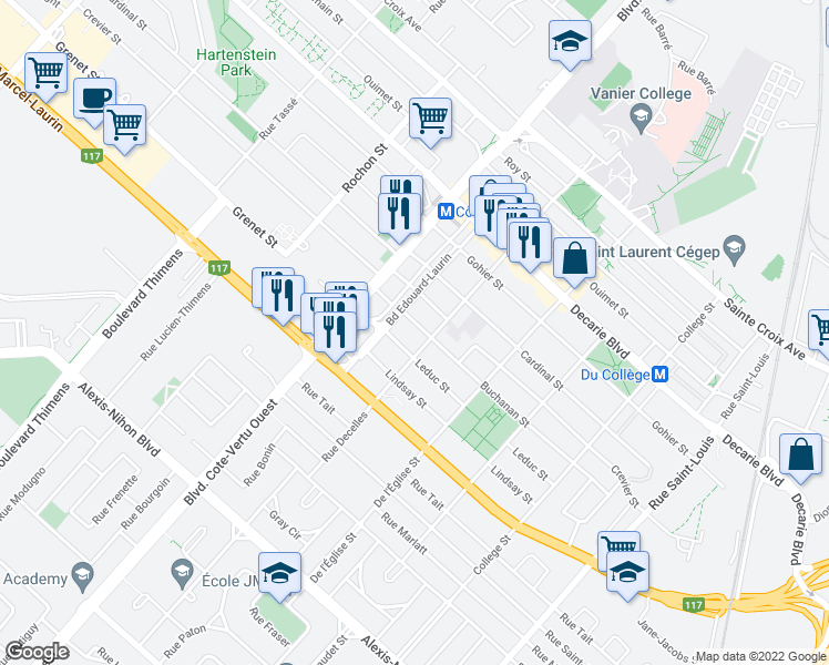 map of restaurants, bars, coffee shops, grocery stores, and more near 922 Rue Buchanan in Montréal