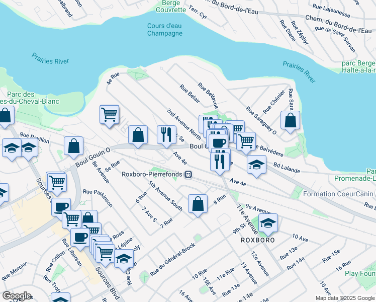 map of restaurants, bars, coffee shops, grocery stores, and more near 10438 Boulevard Gouin Ouest in Montréal