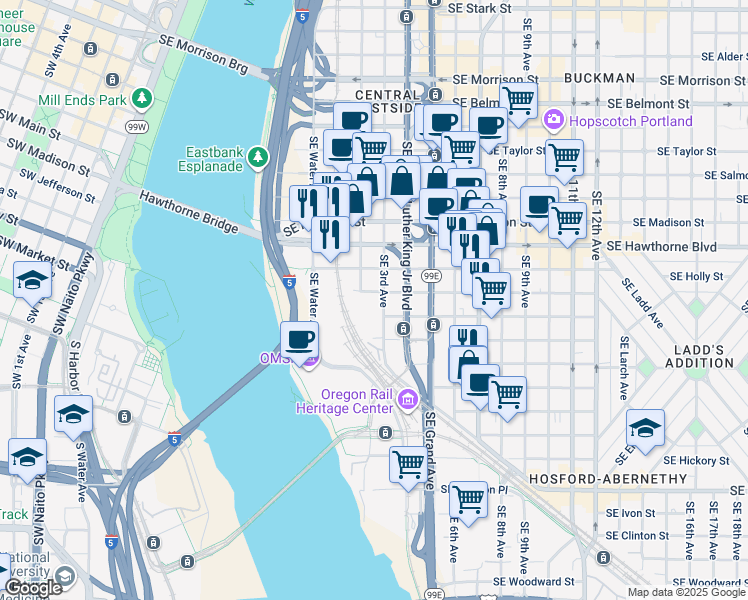 map of restaurants, bars, coffee shops, grocery stores, and more near 1709 Southeast 3rd Avenue in Portland